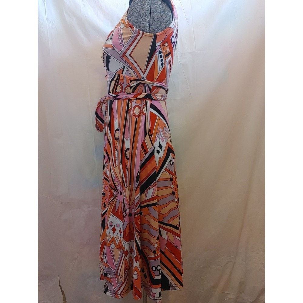 Bionic Abstract Wrap Dress Women's Sz S A-Line Sheath Striped Belted Knee Length - Picture 4 of 12